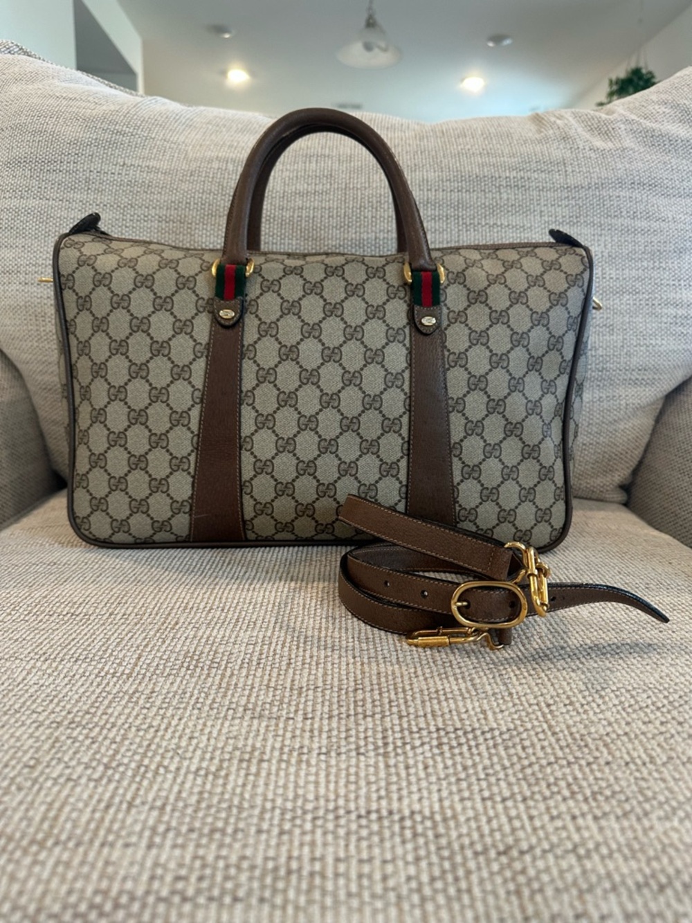 Gucci Beige GG Supreme Canvas Duffel with Brown Leather Trim